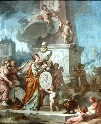 Allegorinen kohtaus Ranskan kuninkaan Henri IV:n (1553-1610) rintakuvasta ja Comtesse de Gramontin muotokuvamedaljonista, 1776
